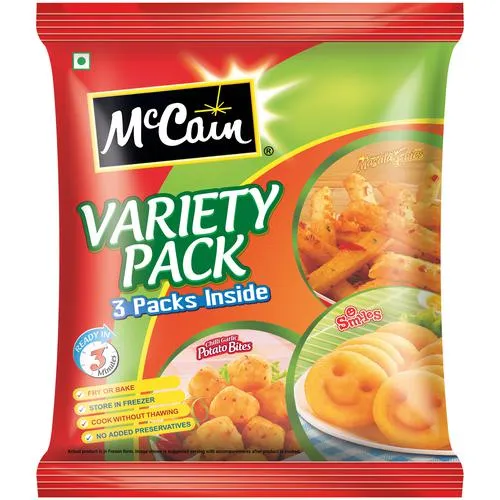 McCain Variety Pack - Chilli Garlic Potato, Smiles and Masala Fries, 550 g Pouch